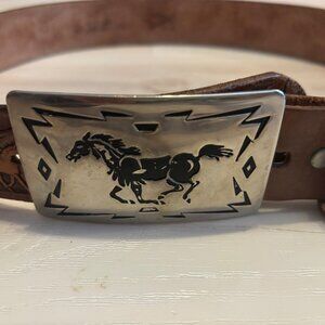 Vtg Tooled Leather Horse Design Belt W/Chambers Belt Co. Buckle USA Western Styl